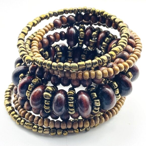 Beaded Memory Wire Bracelet Gold Tone Wood Ethnic Native Tribal SW Boho - Picture 2 of 6